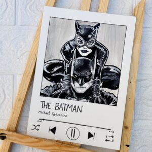 Black and white Batman and Catwoman illustration inspired by The Batman soundtrack, hand-painted artwork on paper