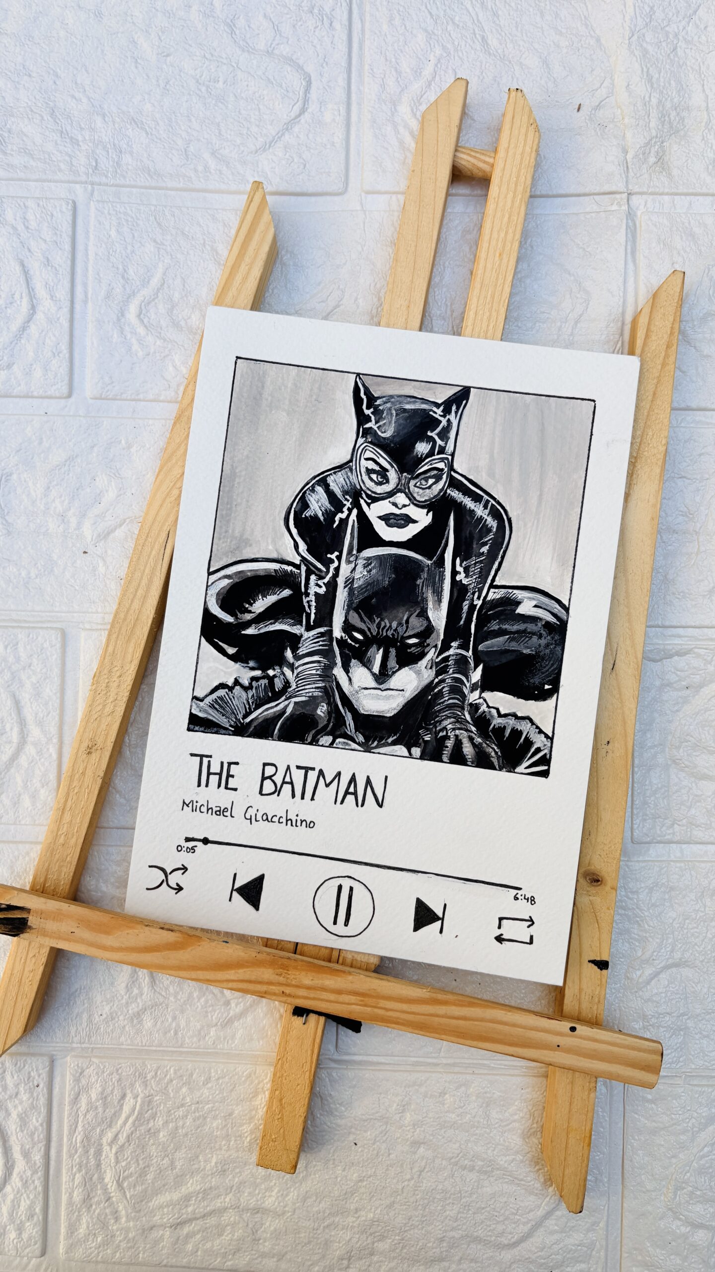 The Batman Black and white Batman and Catwoman illustration inspired by The Batman soundtrack, hand-painted artwork on paper