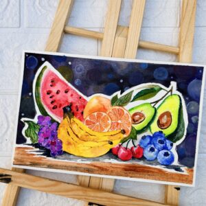 Colorful watercolor still life painting of fruits including watermelon, banana, grapes, avocado, and berries