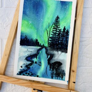 Watercolor painting of northern lights reflecting over a river with pine trees at night