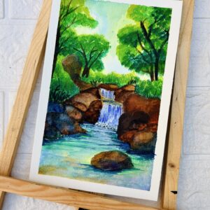 Watercolor painting of a small waterfall in a green forest with rocks and flowing water