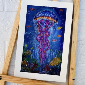 Colorful underwater watercolor painting of a glowing jellyfish surrounded by fish and coral