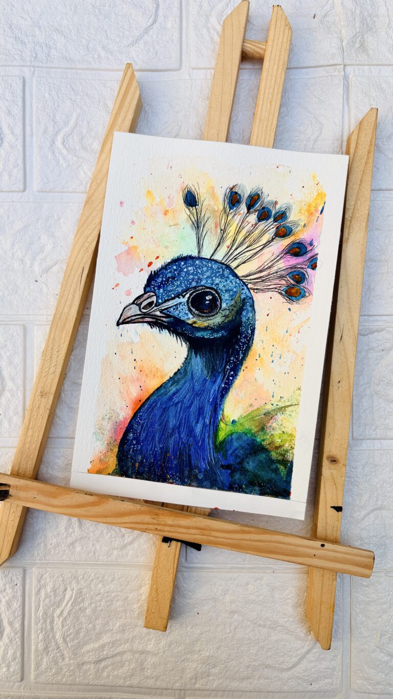 About Colorful watercolor painting of a blue peacock with detailed feathers and artistic splashes