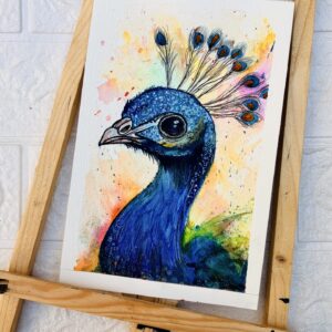 Colorful watercolor painting of a blue peacock with detailed feathers and artistic splashes