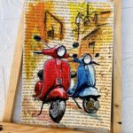 Home Mixed media painting of two colorful scooters on a vintage book page background