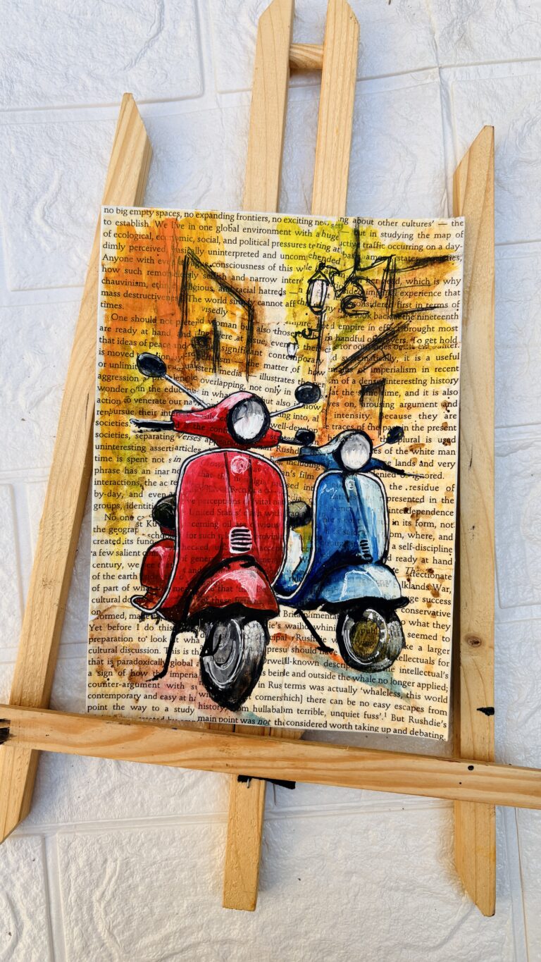 About Mixed media painting of two colorful scooters on a vintage book page background
