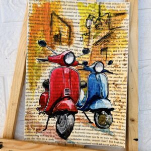 Mixed media painting of two colorful scooters on a vintage book page background